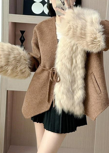 Elegant Caramel Fox Collar Patchwork Tie Waist Woolen Coats Fall RY016