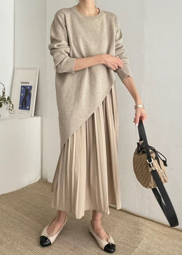 Robe asymétrique froissée en deux mailles kaki, magnifique ensemble 