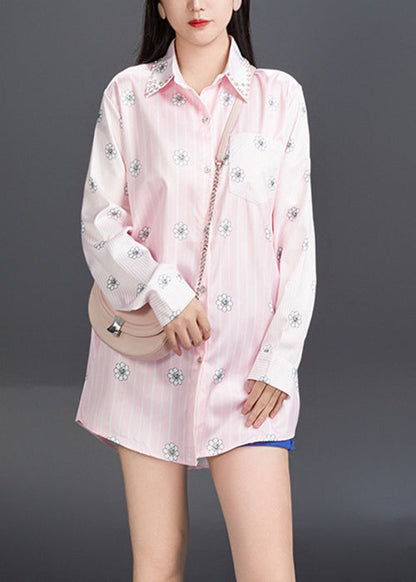 Chemise en coton imprimé à col Peter Pan rose Art Automne AJ1006 