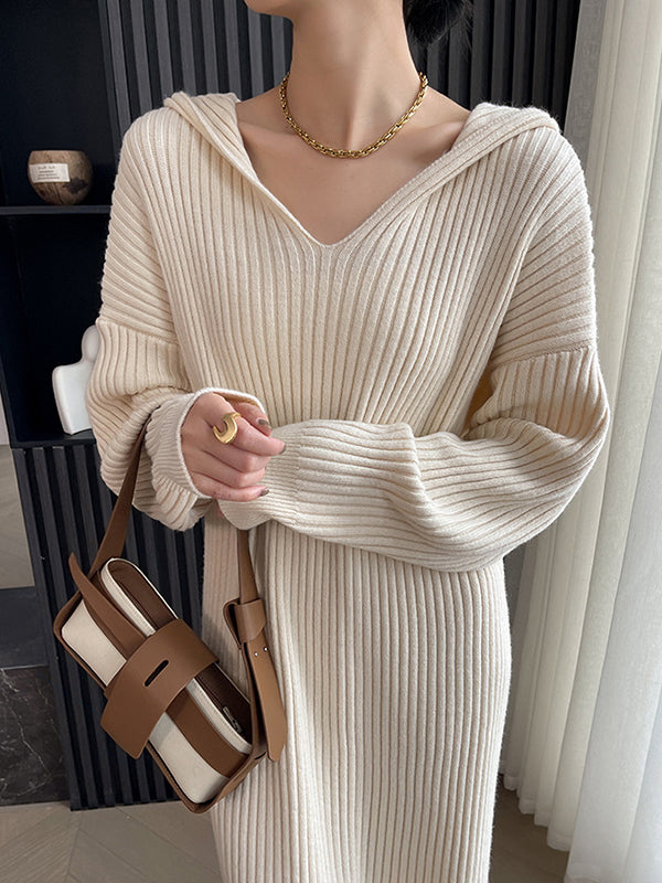 Stylish Apricot V-neck Hooded Long Sleeve Striped Knit Dress AN1044