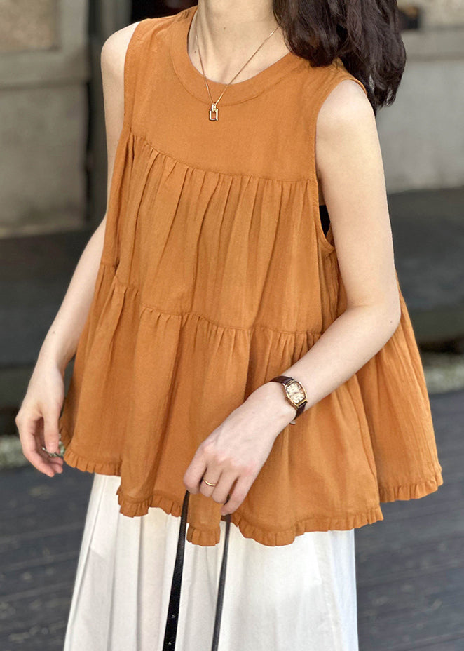 Loose Orange Wrinkled Lace Up Cotton Top Sleeveless AF1089