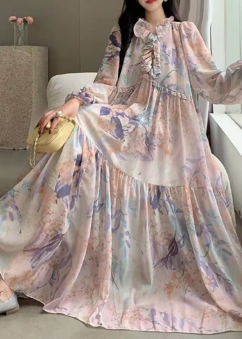 Fantasy Purple Print Patchwork Ruffled Long Sleeve Dress AZ1005