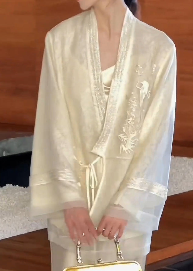 Strickjacke V-Ausschnitt Bestickt Spitze Vintage Seide Beige Frühling 