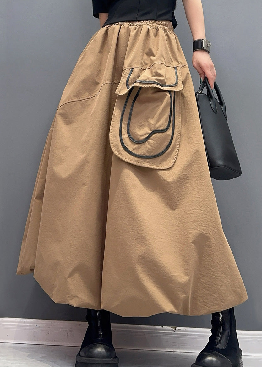 Lässiger Khaki-Baumwollrock mit Taschen und elastischer Taille für den Sommer AO1014 