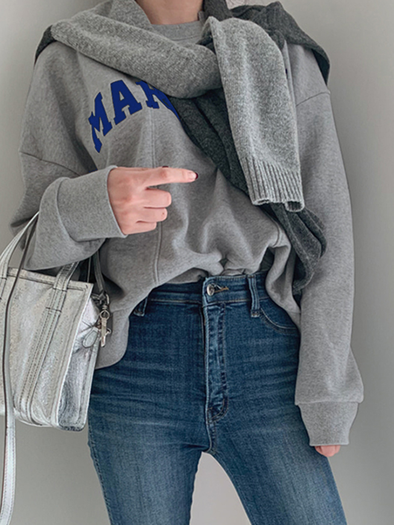Street Loose Apricot O-Ausschnitt Buchstabendruck Langarm Sweatshirt TW003 