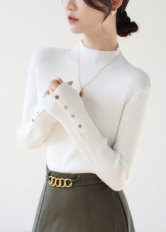 Nouveau pull blanc en tricot patchwork à col montant et boutons pour l'hiver RV026 