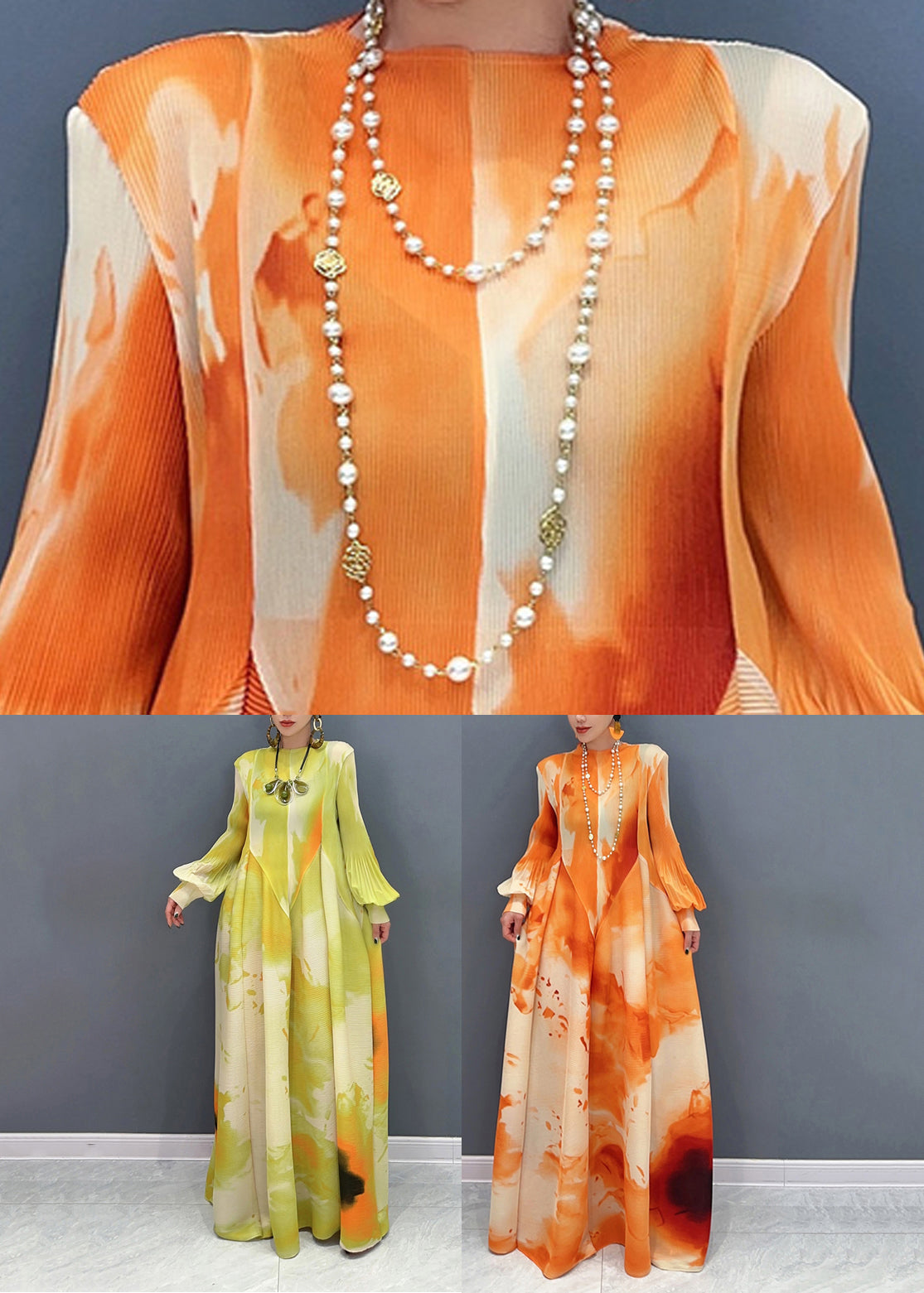Chic Chiffon Stand Spring Long Orange Dress Wrinkled Collar