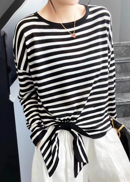 Spring OT Lace Striped Black Up Loose Neck Baumwollhemd 