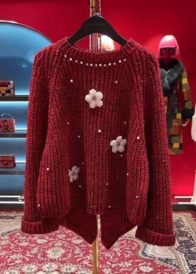 Stylish Red O-Neck Floral Nail Bead Thick Cotton Knit Sweater Tops Winter WD037