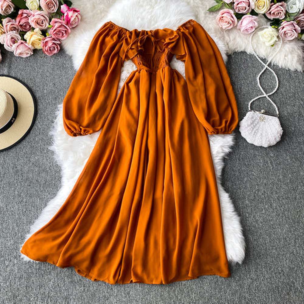 Chic Red Off Shoulder With Ruffles Long Puff Sleeve Midi Dress AR1019