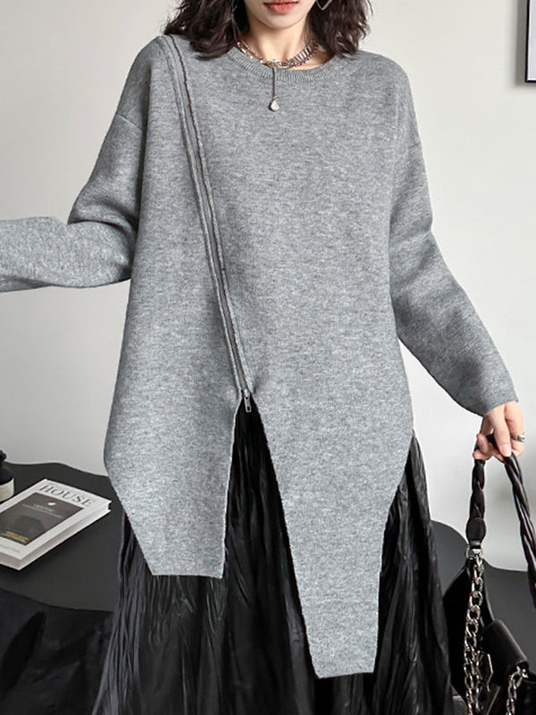 Street Grey Round-neck Zipper Decor Irregular High-low Hem Long Sleeve Sweater AN1067