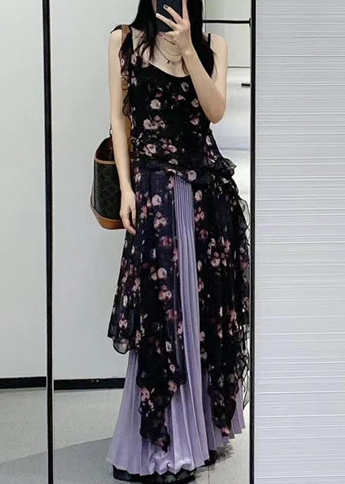 Bohemian Black Ruffled Print Chiffon Two-Piece Set Sleeveless QP030