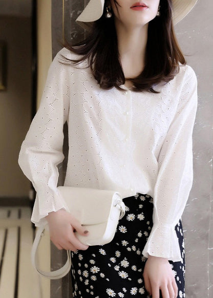 Flare Out French Hollow Weißes Baumwolltop mit V-Ausschnitt und Stickerei 