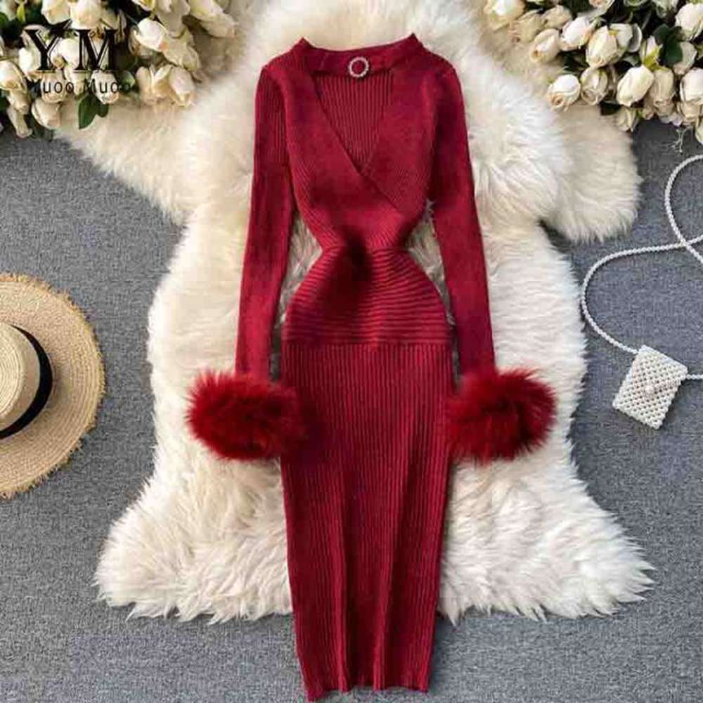 Modern Purple V-neck Hollow Out Halter Long Sleeve With Fur Knit Dress AR1009