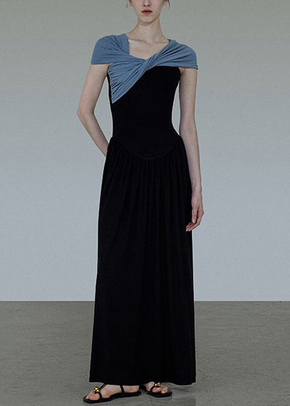 Kleid Lang Schwarz Patchwork Schrägstrich Faltenhals Original Baumwolle