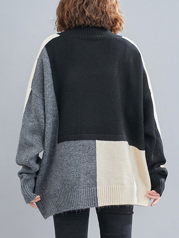 Stylish Grey High-Neck Color-block Long Sleeve Knit Sweater AN1043