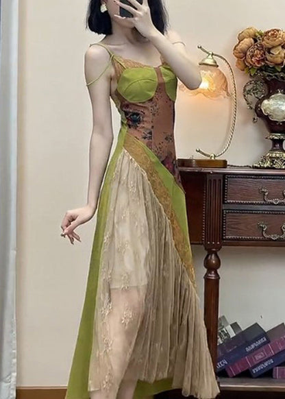Spaghetti-Spitze Neues Grünes Kleid Patchwork-Träger Ärmellos