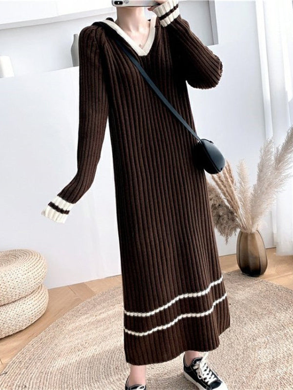 Urban Coffee Hooded V-Neck Long Sleeve Striped Knit Dress AN1051