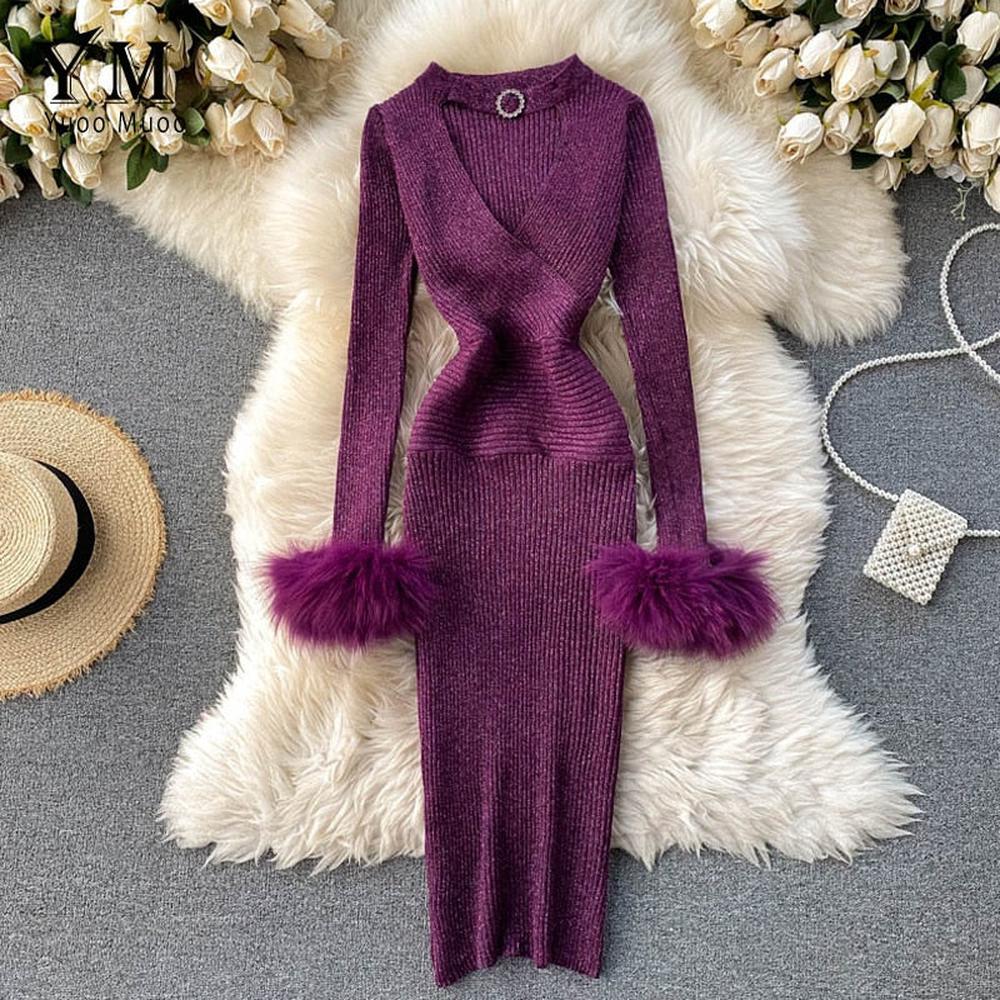 Modern Purple V-neck Hollow Out Halter Long Sleeve With Fur Knit Dress AR1009