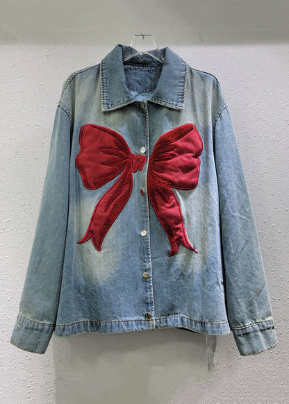 Manteau de printemps en denim Peter Pan, nouveau col boutonné, nœud bleu 