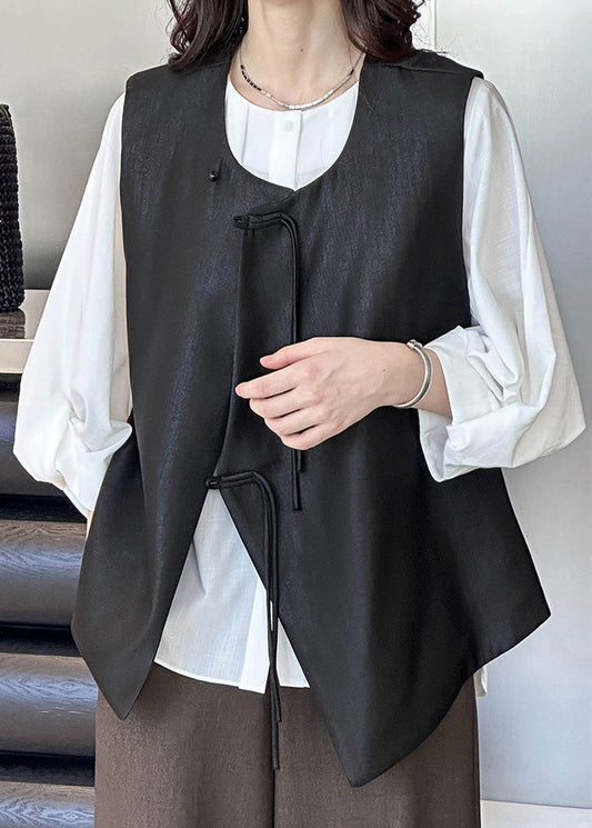 French Black Button Solid Cotton Waistcoat Sleeveless AF1088