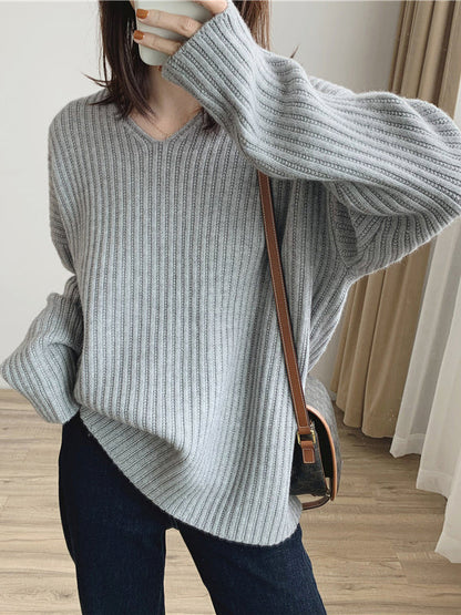 Vintage Karamell V-Ausschnitt Langarm Gestreifter Strickpullover QX001 