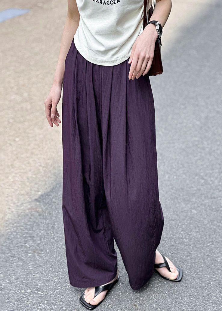 Women Purple Pockets Elastic Waist Cotton Pants Summer AF1074