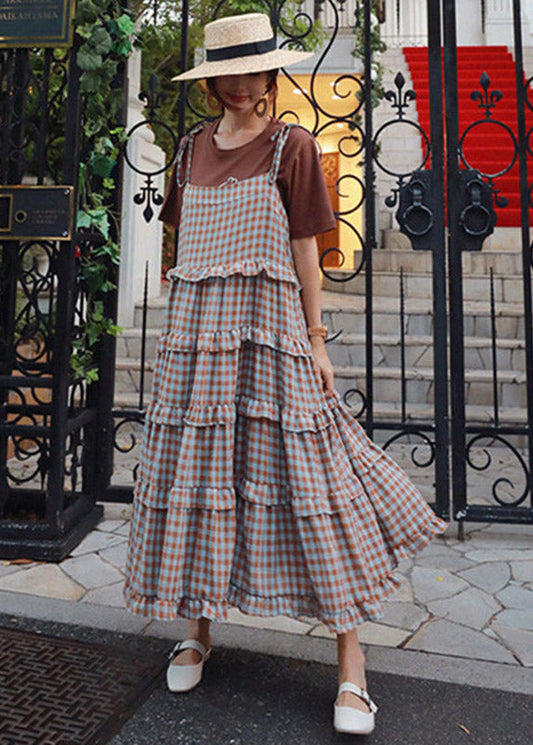 Blaues Patchwork Ärmelloses Plaid Rüschenkleid Lang 
