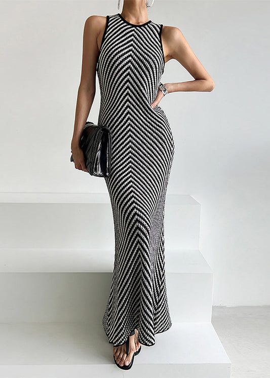 Strickkleid mit Streifenmuster, ärmellos, schwarz, knöchellang 