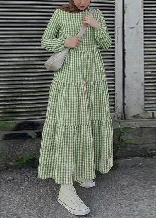 Baumwollkleider Einfach Plaid Frühling Maxi Grün 