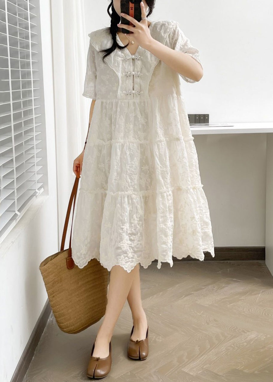 Elegant White V Neck Button Ruffled Cotton Dress Summer NN040