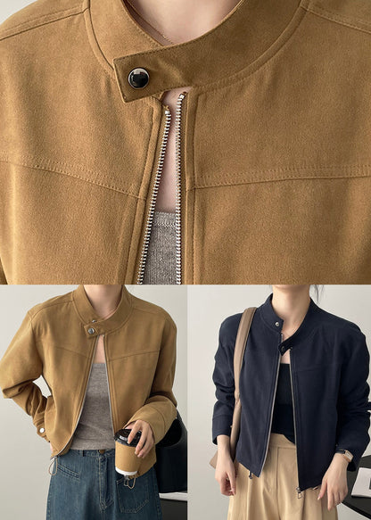 Manteau court bleu marine avec fermeture éclair et col montant et cordon de serrage pour l'automne WD007 