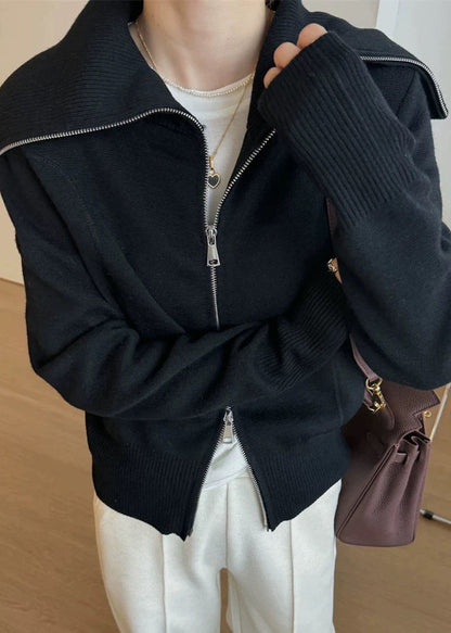 Neuer schwarzer Strickpullover mit Peter-Pan-Kragen und Reißverschluss, Herbst RY021 
