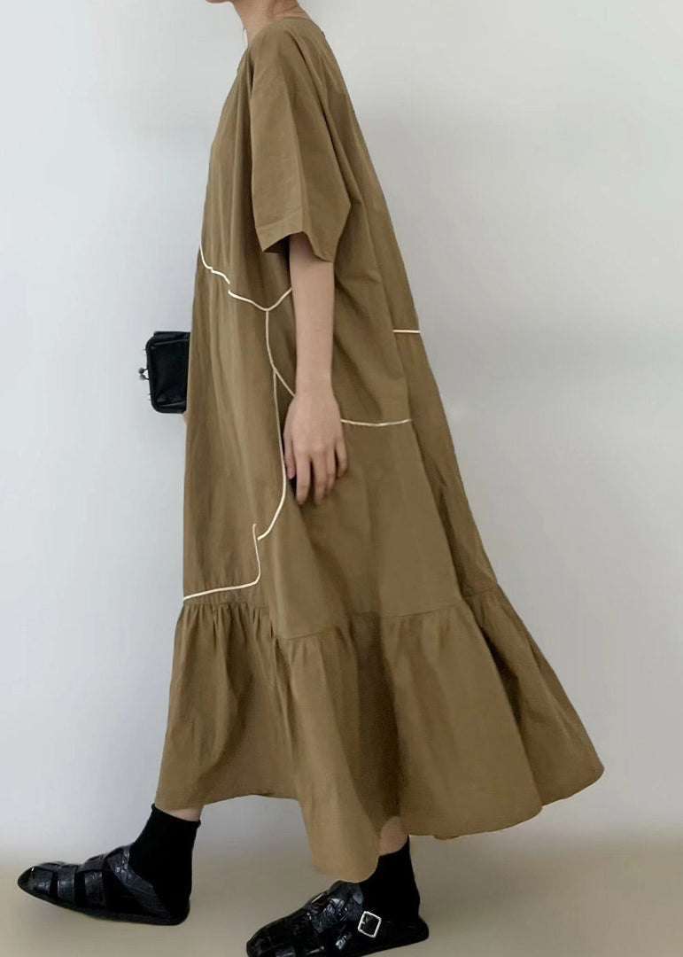 Französisches Khaki-Maxikleid mit Rüschen und Patchwork, kurze Ärmel, TT1046 