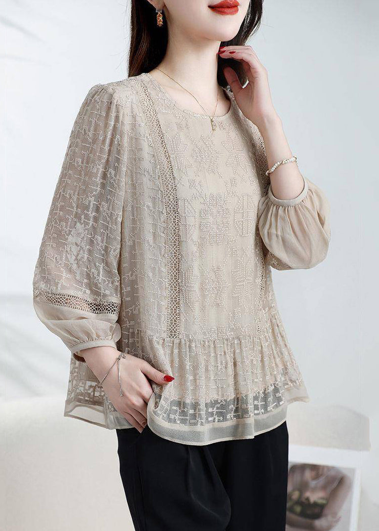 Loose Coffee O-Neck Embroidered Patchwork Silk Top Bracelet Sleeve WD025