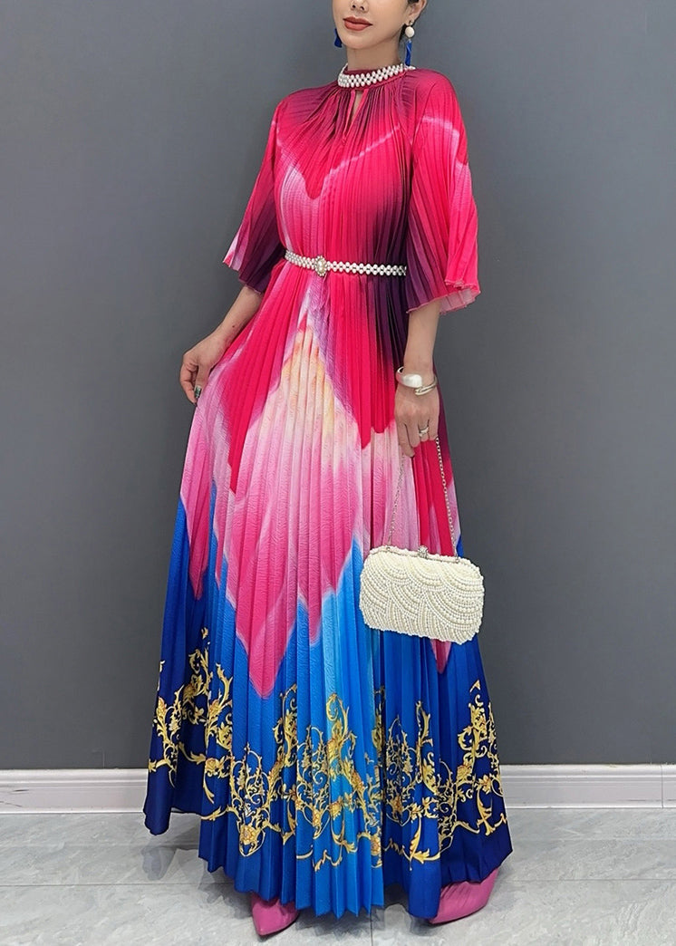 Chic Red Blue Patchwork Print Sashes Maxi Dresses Half Sleeve AO1041