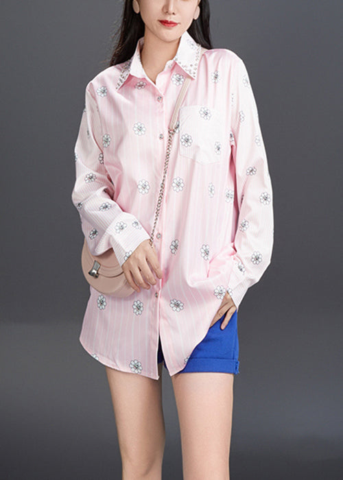 Art Pink Peter Pan Collar Print Cotton Shirt Fall AJ1006