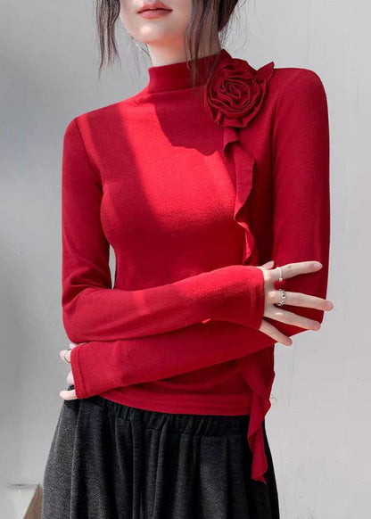 Slim Fit Red Turtleneck Rose Tassel Top Fall WV004