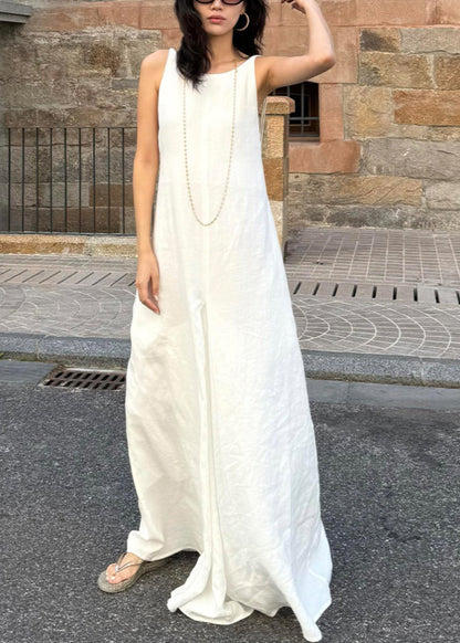 Robe longue en coton blanc à col rond de style simple sans manches EE051