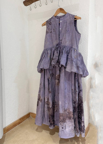 Robe longue plissée à volants et col rond en patchwork violet chic pour l'été TT1028 