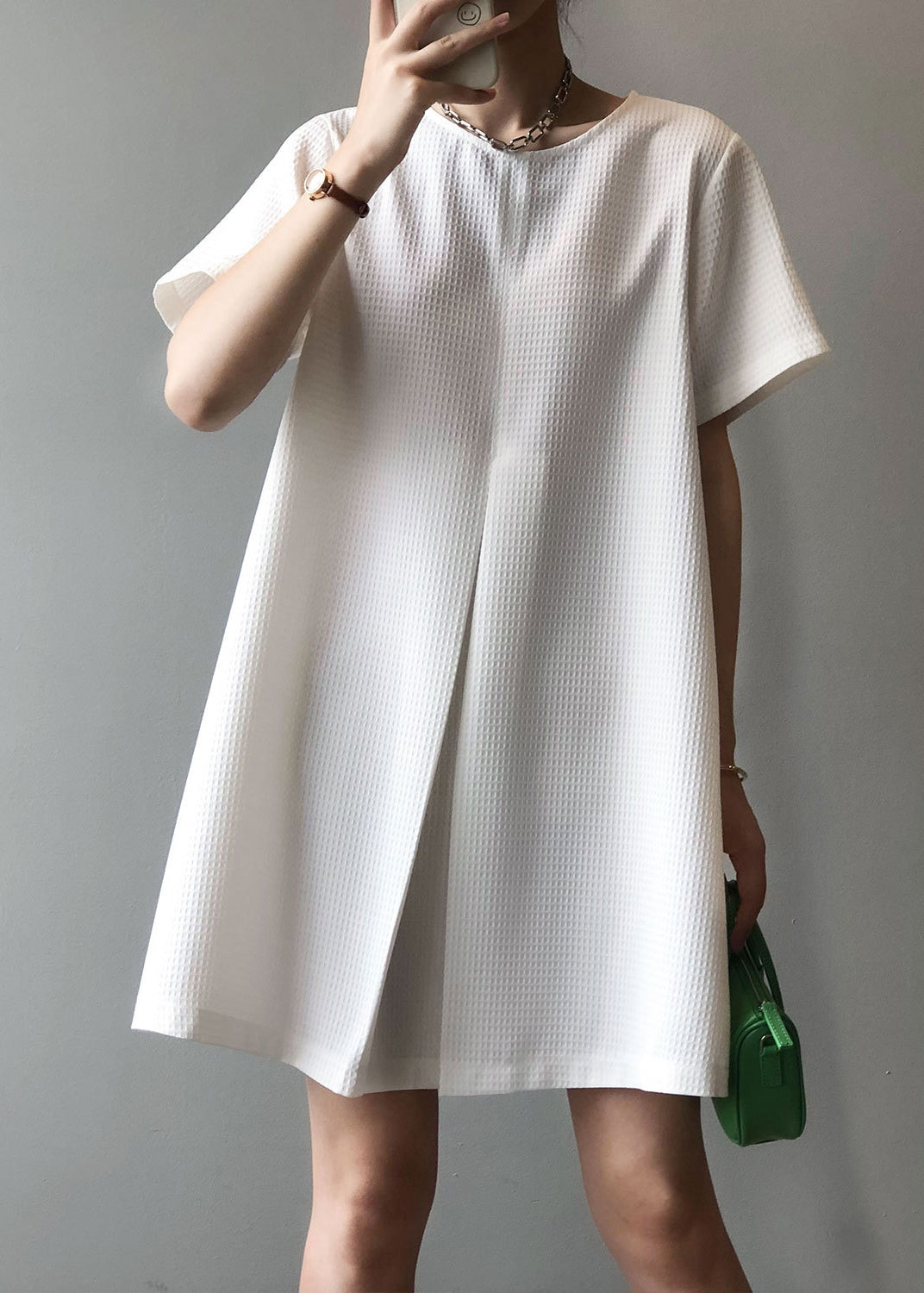 White Simple Cotton Mid Dresses O Neck Summer AF1063