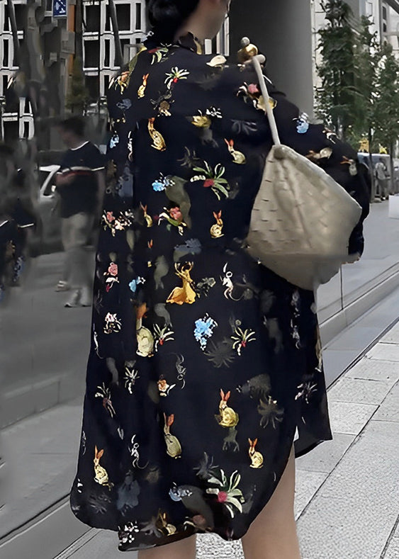 Fashion Black Peter Pan Collar Print Button Chiffon Shirt Long Sleeve TT1043