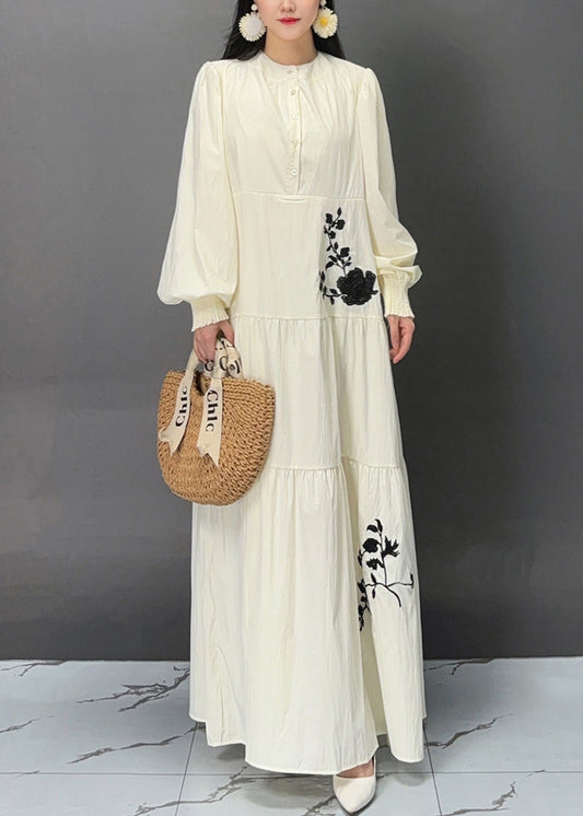 Elegant Beige Button Print Pockets Cotton Dresses Fall AJ1020