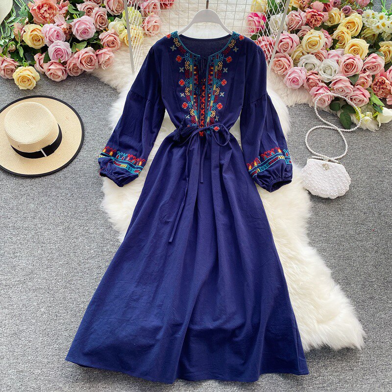 Ethnic Yellow Crew-neck Embroidery Raglan Long Puff Sleeve A-line Dress AR1006