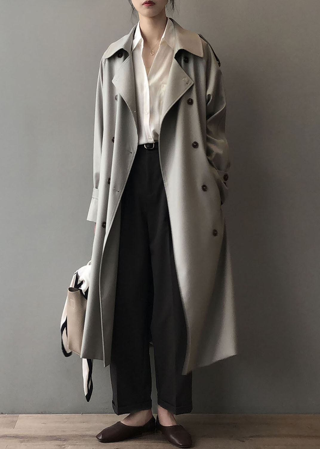 Classy Grey Peter Pan Collar Double Breast Pockets Trench Fall WD021