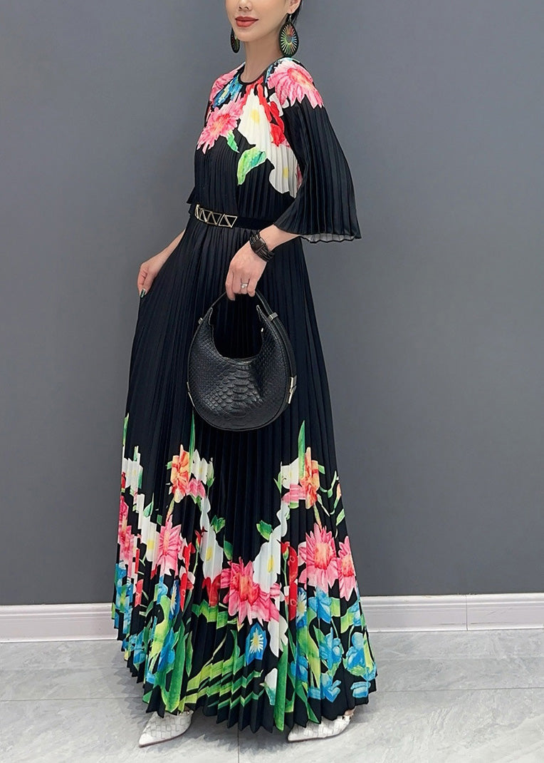 Classy Black O-Neck Print Flattering Maxi Dresses Half Sleeve AO1039