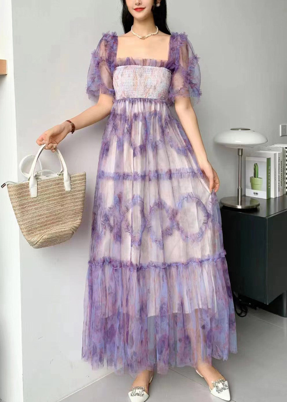 Princess Purple Square Collar Ruffled Print Tulle Long Dress Summer AZ1006