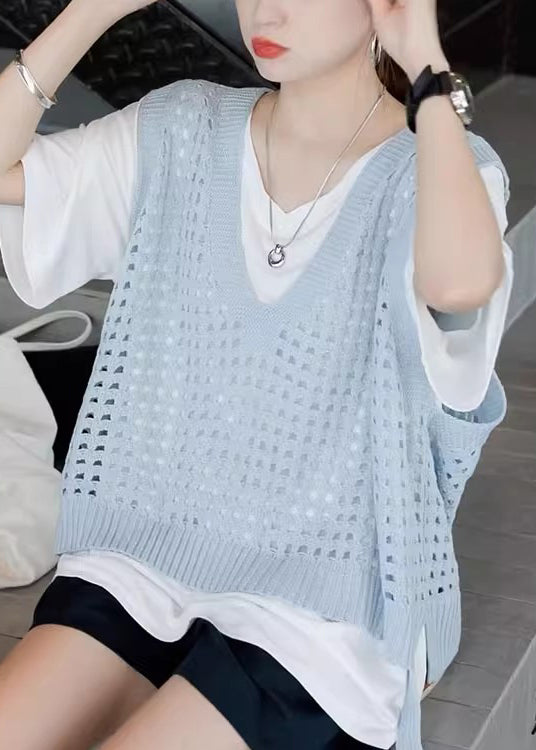 French Blue V Neck Hollow Out Knit Vest Summer QC035