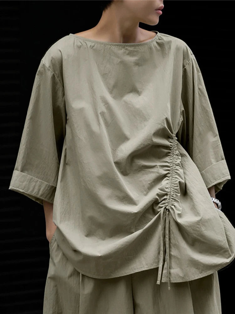 Lässiges Baumwolltop mit Kordelzugärmeln in Khaki, halb asymmetrisch 
