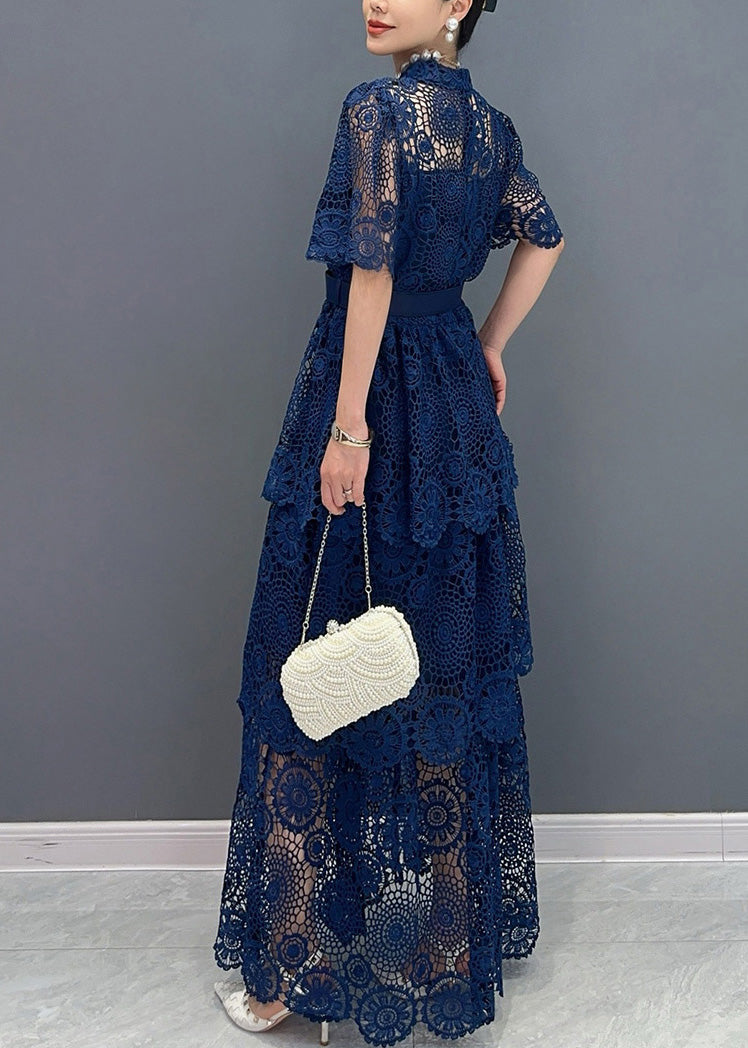 Chic Navy V Neck Sashes Hollow Out Lace Long Dresses Summer AO1013